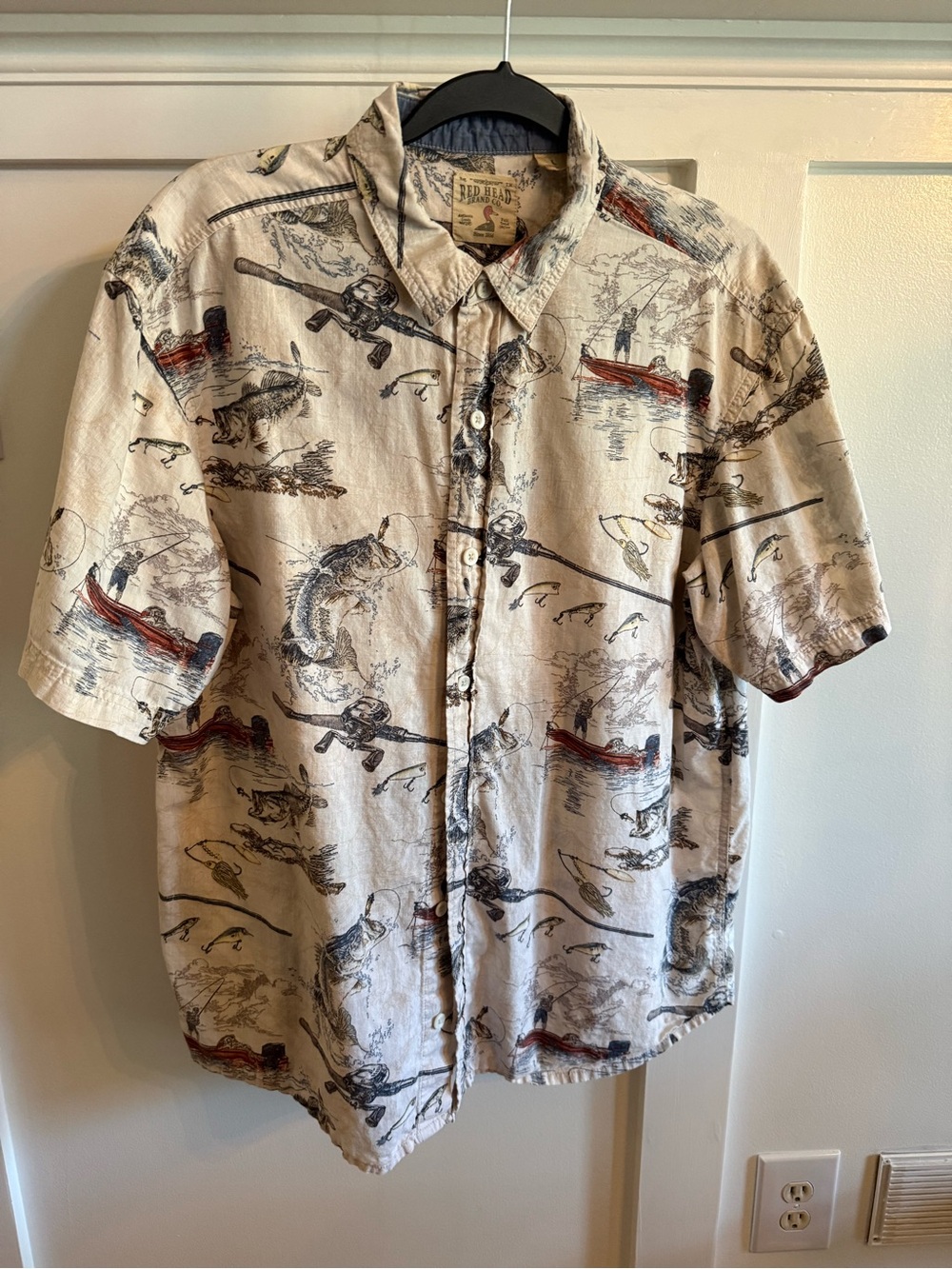 RedHead Beige Fishing-Print Short-Sleeve Button-Down Shirt Men's Large